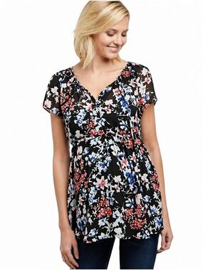 Motherhood Maternity Floral Short Sleeve V Neck Maternity Top with Built in Cami
